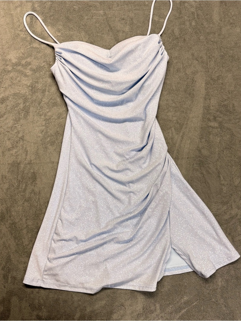 Windsor Sparkle Knit Light Blue Cowl Neck Spaghetti Strap Dress with Pads